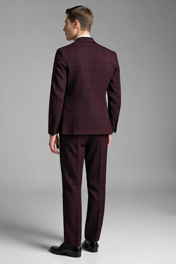 Burgundy 3 Piece Plaid Notched Lapel Slim Fit Men's Suits